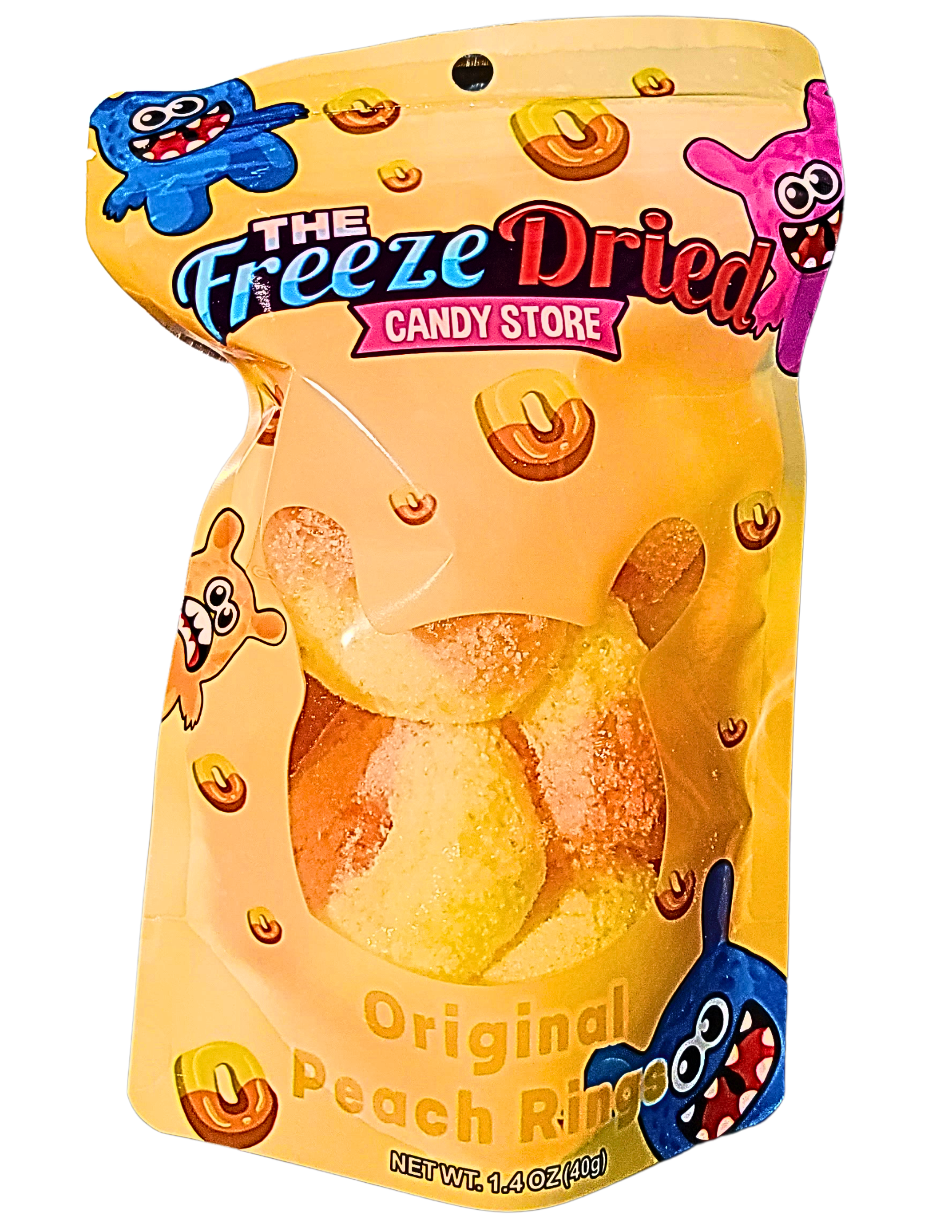 Yellow resealable bag labeled "Freeze Dried Original Peach Rings: Singles," with colorful peach rings visible inside. Size not shown.