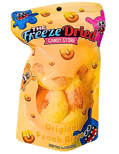 Yellow resealable bag labeled "Freeze Dried Original Peach Rings: Singles," with colorful peach rings visible inside. Size not shown.