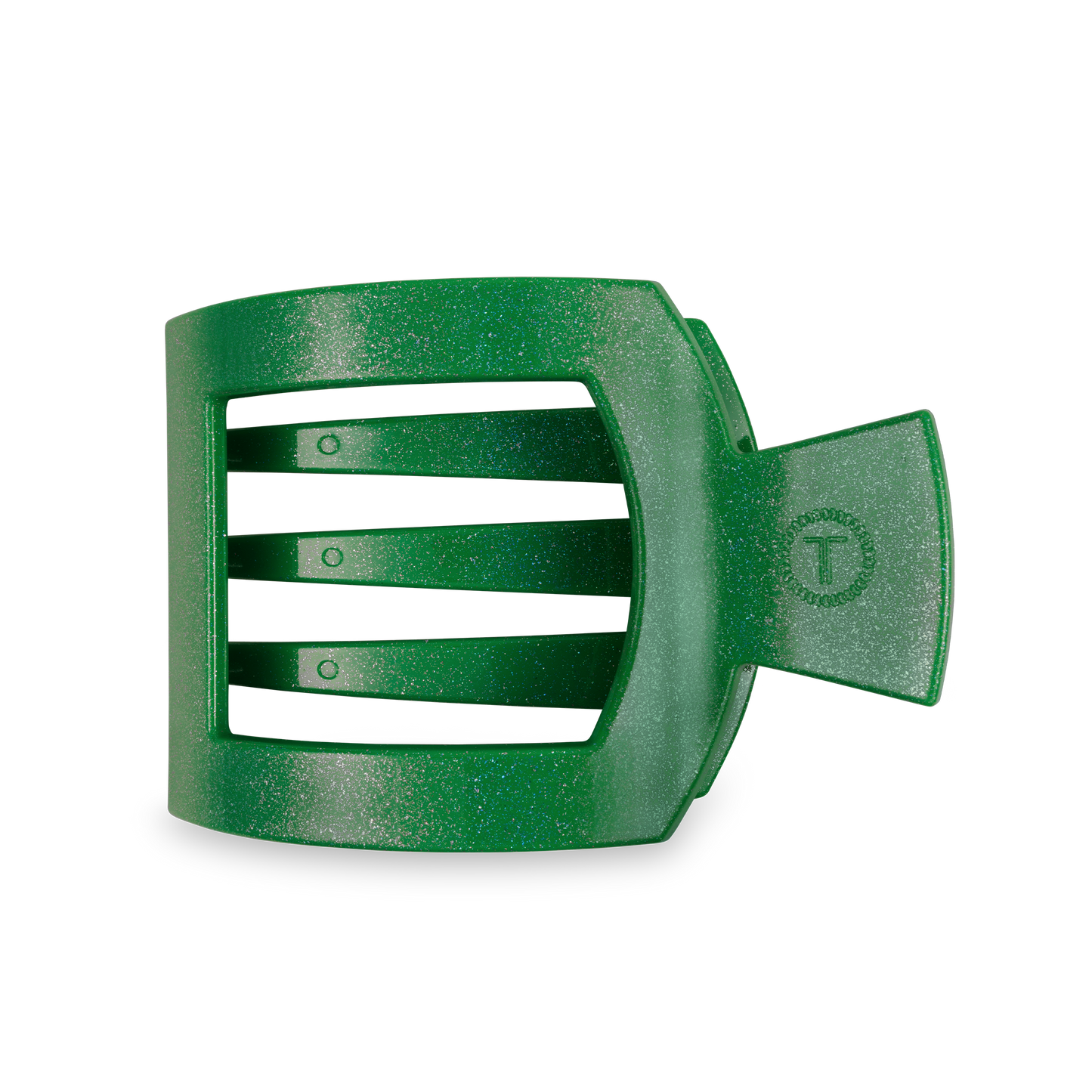 The TELETIES Square Flat Hair Clip is a green plastic hair accessory featuring a rectangular claw design with three open slats, a triangular grip, and a subtly shimmering surface. Available in size large.