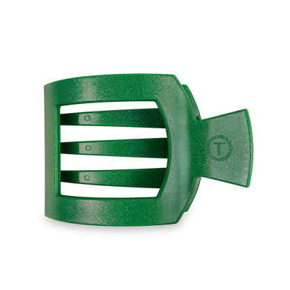 The TELETIES Square Flat Hair Clip is a green plastic hair accessory featuring a rectangular claw design with three open slats, a triangular grip, and a subtly shimmering surface. Available in size large.