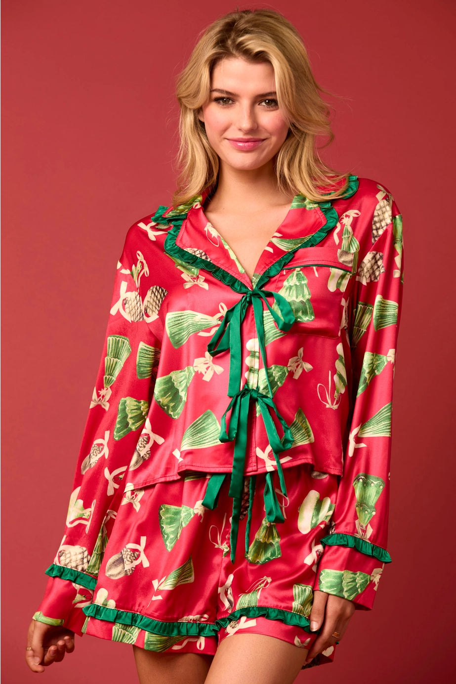 Satin Christmas Check Prints Pajama Set