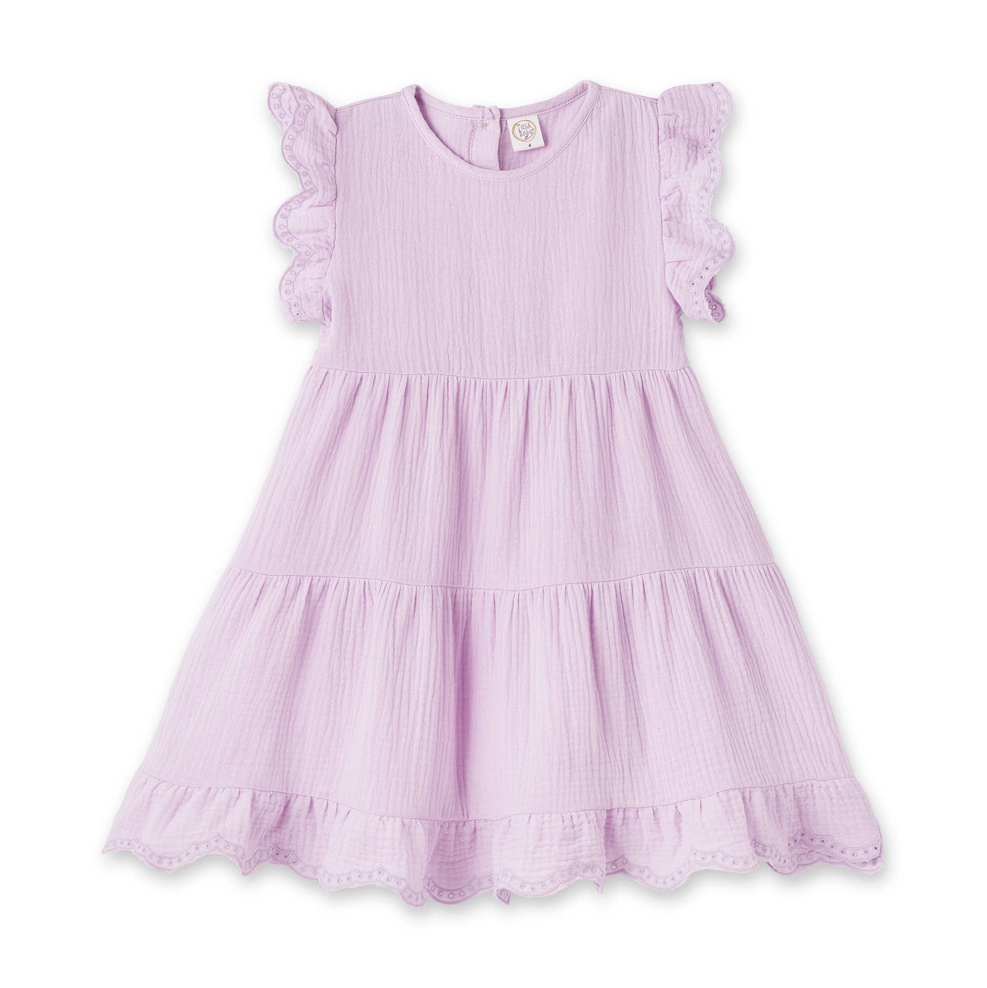Lavender toddler dress with flutter sleeves, tiered design, eyelet details. Available in sizes 2T-5T.