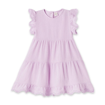 Lavender toddler dress with flutter sleeves, tiered design, eyelet details. Available in sizes 2T-5T.