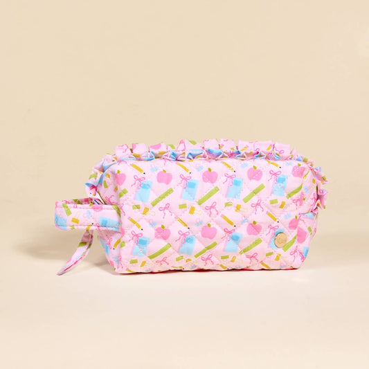 Rectangular pink quilted pouch with handle, ruffled edge, school-themed print on beige, wipeable lining. Sizes: not specified.