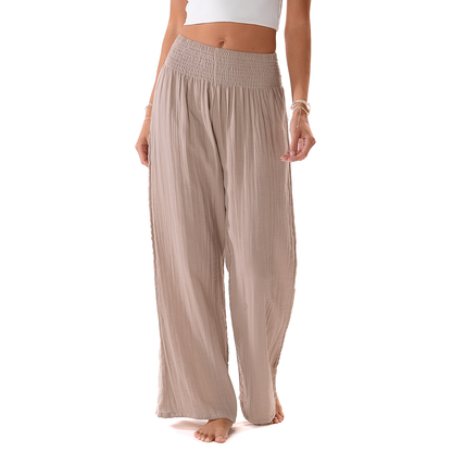 Stone Wide Leg Cotton Pants, beige, high-waisted, lightweight. Available sizes: S and more.