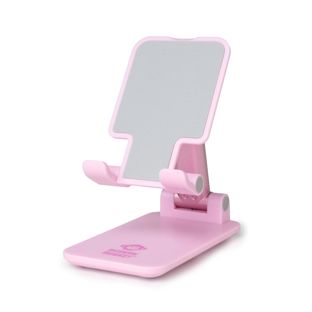 Pink, adjustable, foldable tech stand with non-slip surface. Available in small and large sizes for phones or tablets.