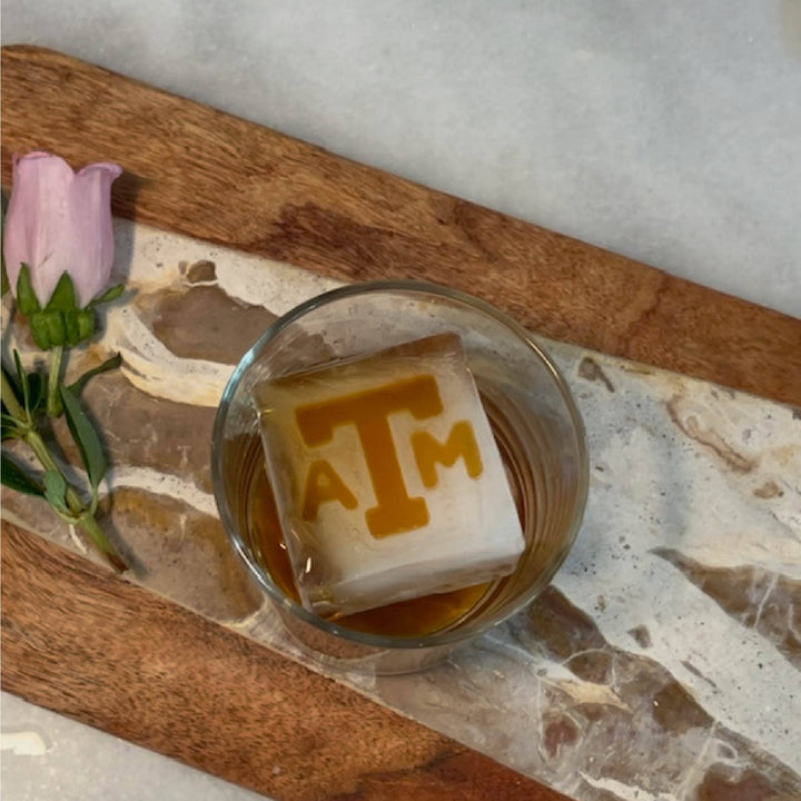 Clear ice cube with Texas A&amp;M Block ATM logo, 3-pack.