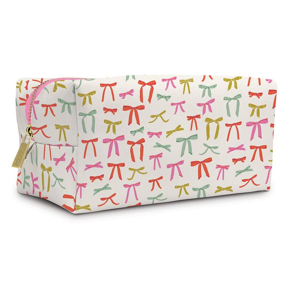 Rectangular white vegan leather makeup bag with gold zipper and multicolored bows. Available in one size.