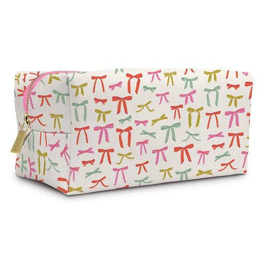 Rectangular white vegan leather makeup bag with gold zipper and multicolored bows. Available in one size.