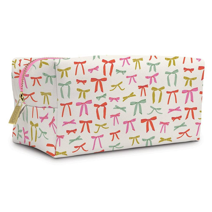 Rectangular white vegan leather makeup bag with gold zipper and multicolored bows. Available in one size.