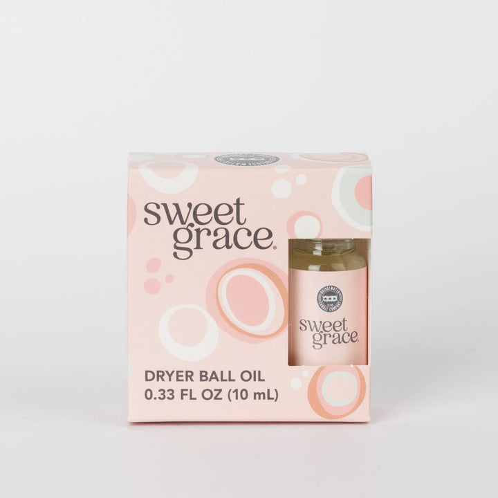 Sweet Grace Dryer Ball Refill, 0.33 fluid ounce (10 milliliter) bottle in a pink patterned box with a cutout window.
