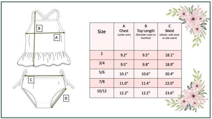 Kids Pink & Blue Ruffle Cross Back 2 Piece Swimsuit size chart for 2, 3/4, 5/6, 7/8, 10/12; floral detail on right.