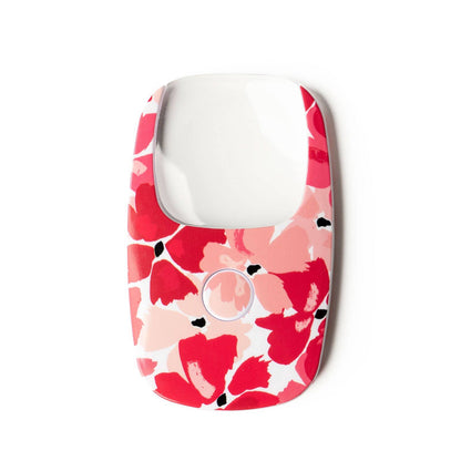 Rectangular pocket magnifier with 2X lens, pink/red/white floral pattern, rounded edges, built-in LED. Size: standard only.