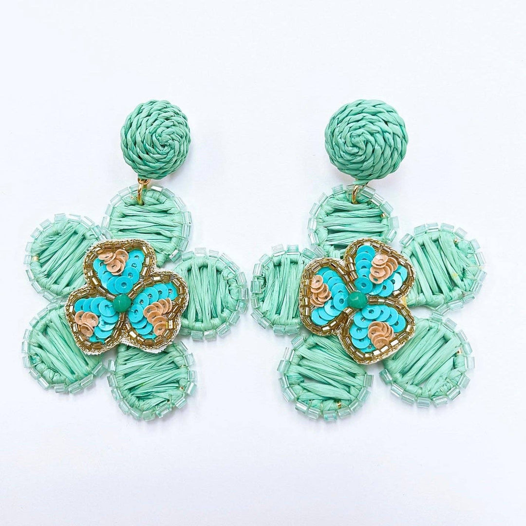 Mint green woven floral earrings with turquoise and gold sequin centers, circular studs. Handcrafted. Sizes: S, M, L.