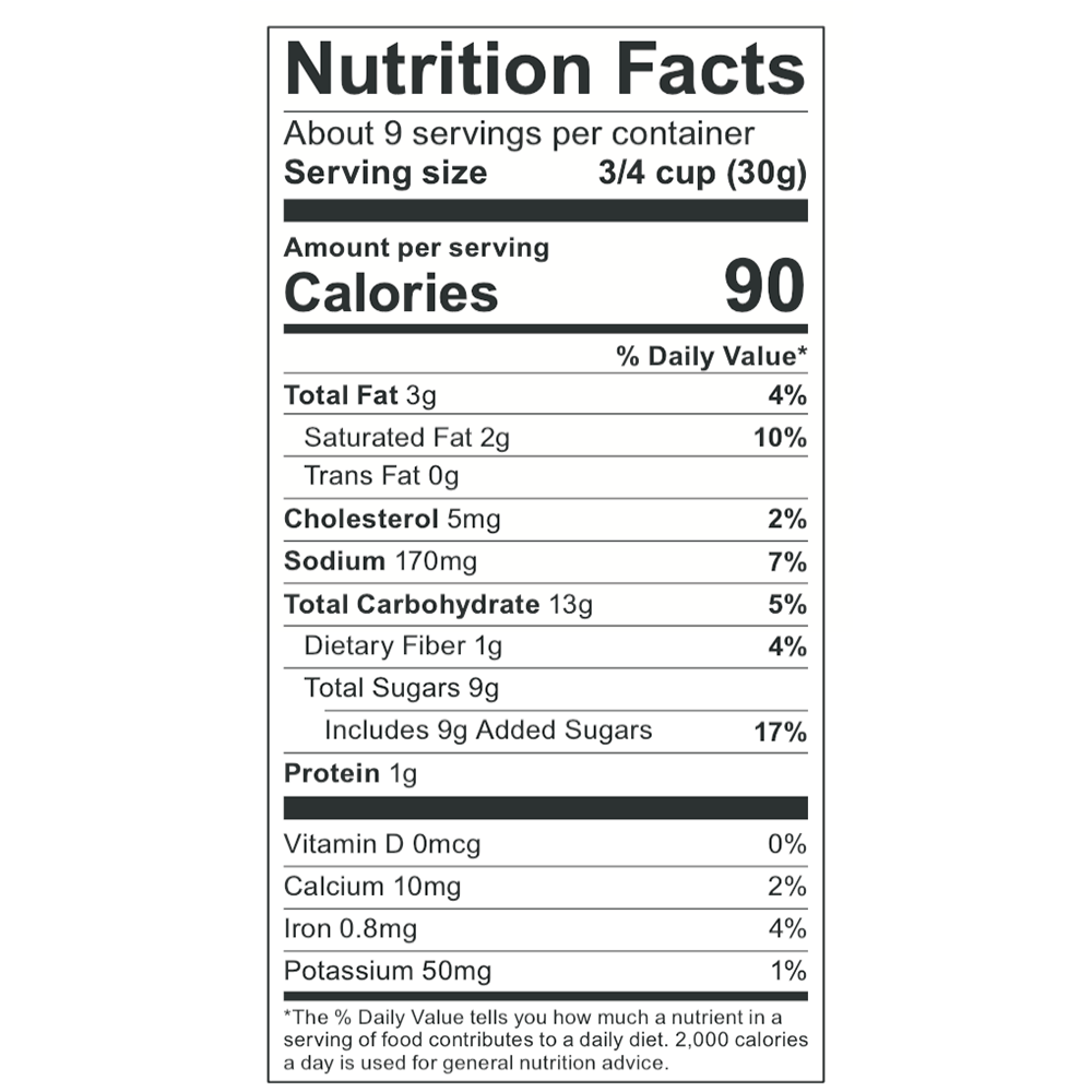 Salted Caramel Popcorn Nutrition Facts: 90 cal per 3/4 cup (30g), 3g fat, 13g carbs. Size: 30g servings.