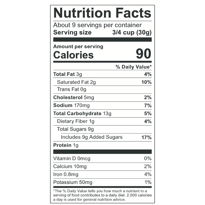 Salted Caramel Popcorn Nutrition Facts: 90 cal per 3/4 cup (30g), 3g fat, 13g carbs. Size: 30g servings.