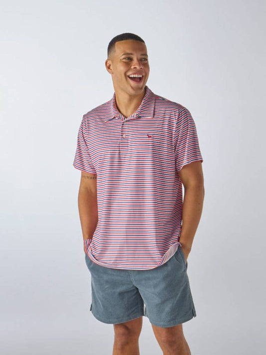 Men's Red and Blue Striped Collared Polo, available in sizes S-XXL.
