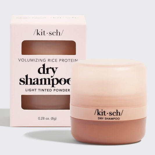 Volumizing Rice Protein Dry Shampoo with light tinted powder in a pink container; available in 57g and 120g sizes.