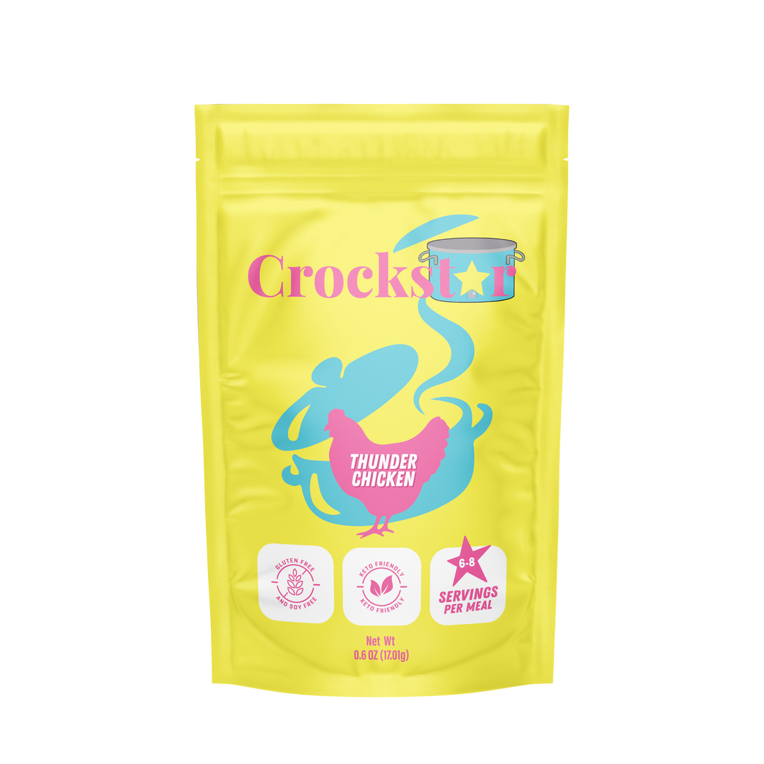 Bright yellow 8.65 oz (245g) "Thunder Chicken" pouch with cartoon chicken, gluten-free creamy ranch chicken meal, easy prep.
