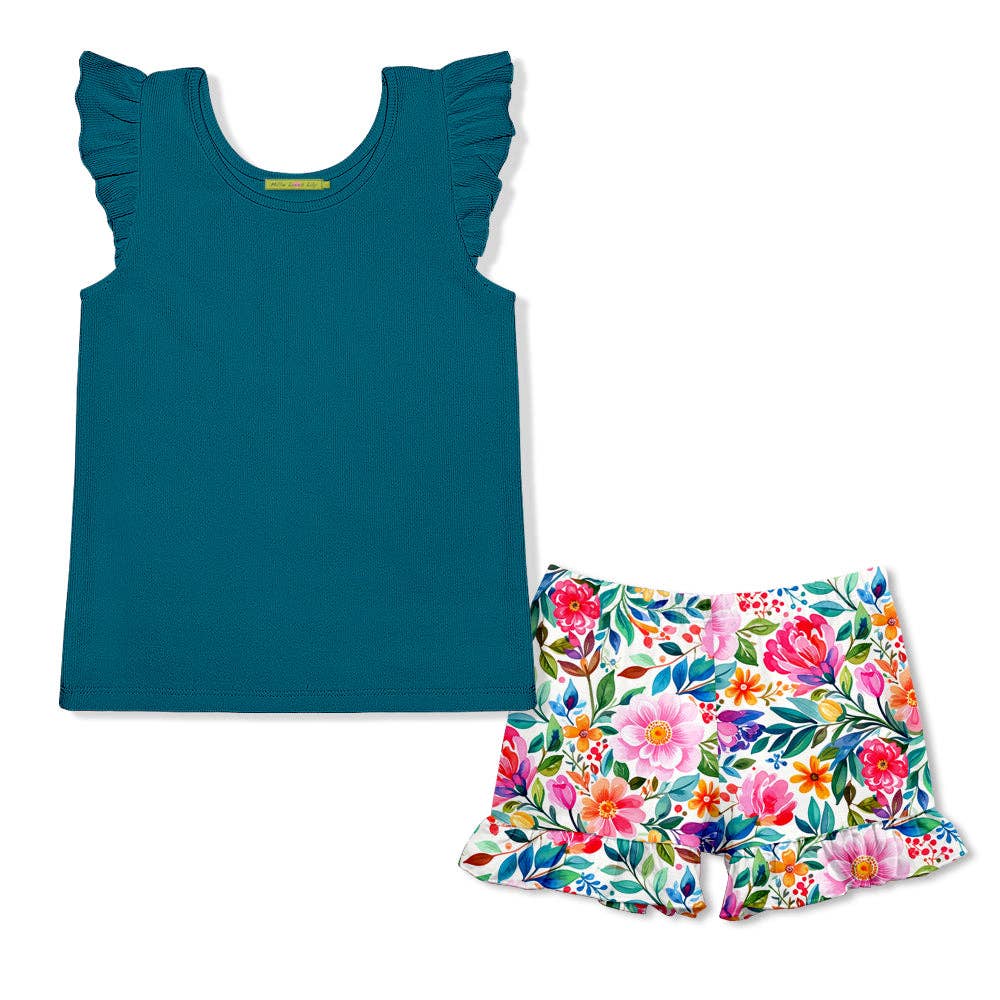 Teal ribbed sleeveless top with ruffled shoulders, colorful floral shorts. Available in kids' sizes 2T-6X.
