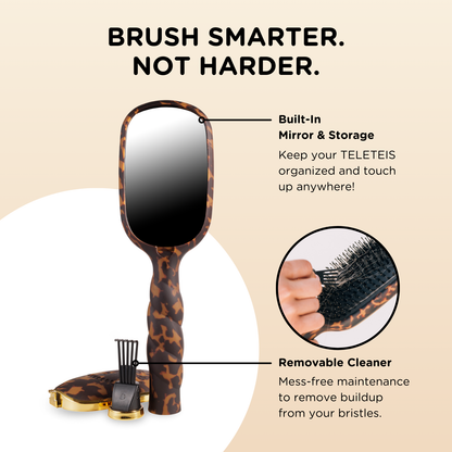 Boar Bristle Hair Brush | Tortoise features a brown tortoiseshell pattern, built-in mirror, storage, and removable cleaner. Sizes: S/M/L.