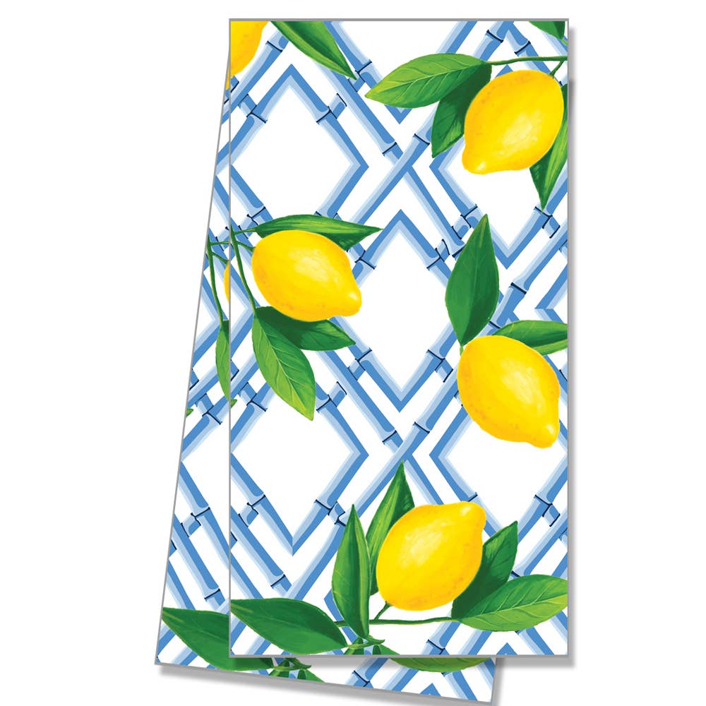 Cotton tea towel with blue lattice, yellow lemons, and green leaves. Available sizes: 18"x28".