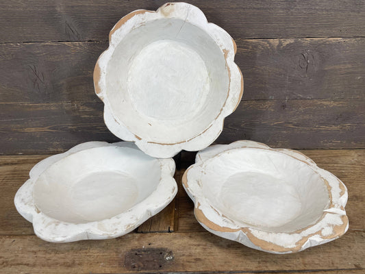 Three small handmade flower dough bowls with scalloped edges and white finish; available in small size only.