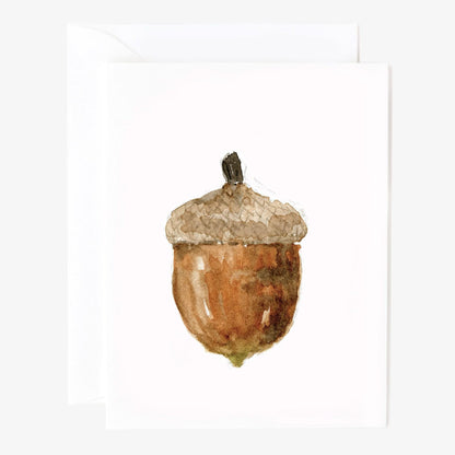 Autumn assorted notecard set with a single brown acorn watercolor design; available in standard notecard sizes.