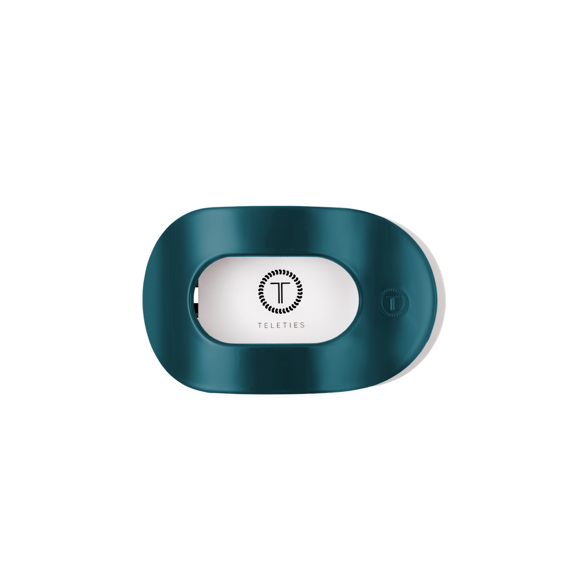 Teal With It Small Flat Round Hair Clip holder with a teal oval design, transparent window showing the white Teleties logo, and a small button on the right side. Available in small size.