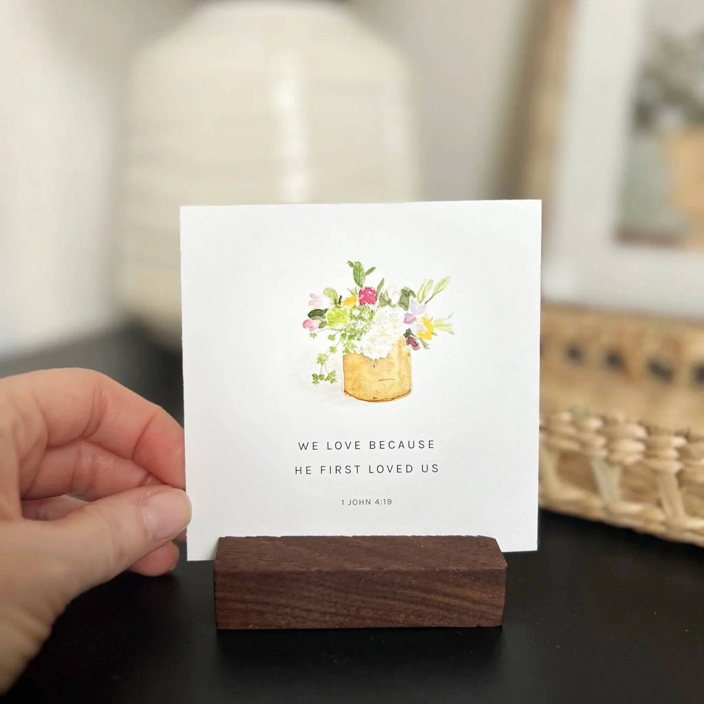 Truth for Today" card with watercolor bouquet and 1 John 4:19 verse. Available in 3x5 and 4x6 inches. Wood holder not included.