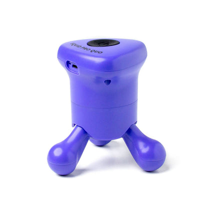 Compact purple massager with three rounded legs, top power button, side charging port; available in standard size.