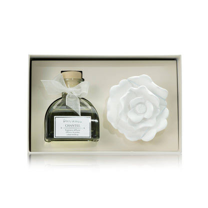 Glass bottle with ribbon and label, large white ceramic flower diffuser. Available sizes: standard, large.
