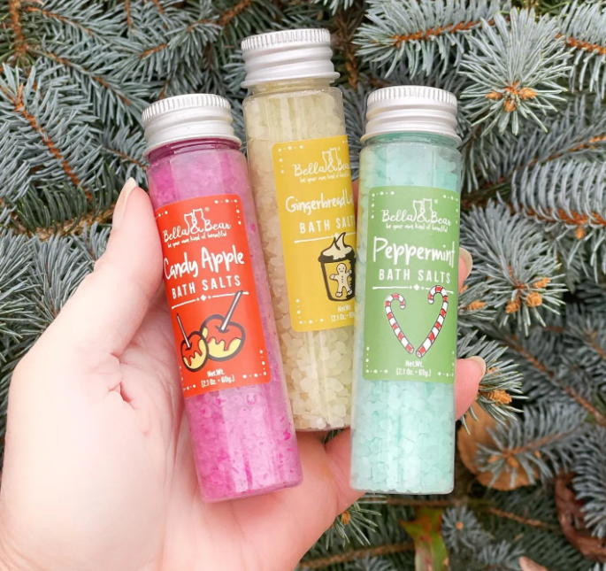 Candy Land Christmas Bath Salts Gift Set, three 2.1-ounce glass vials of pink, yellow, and light green bath salts.