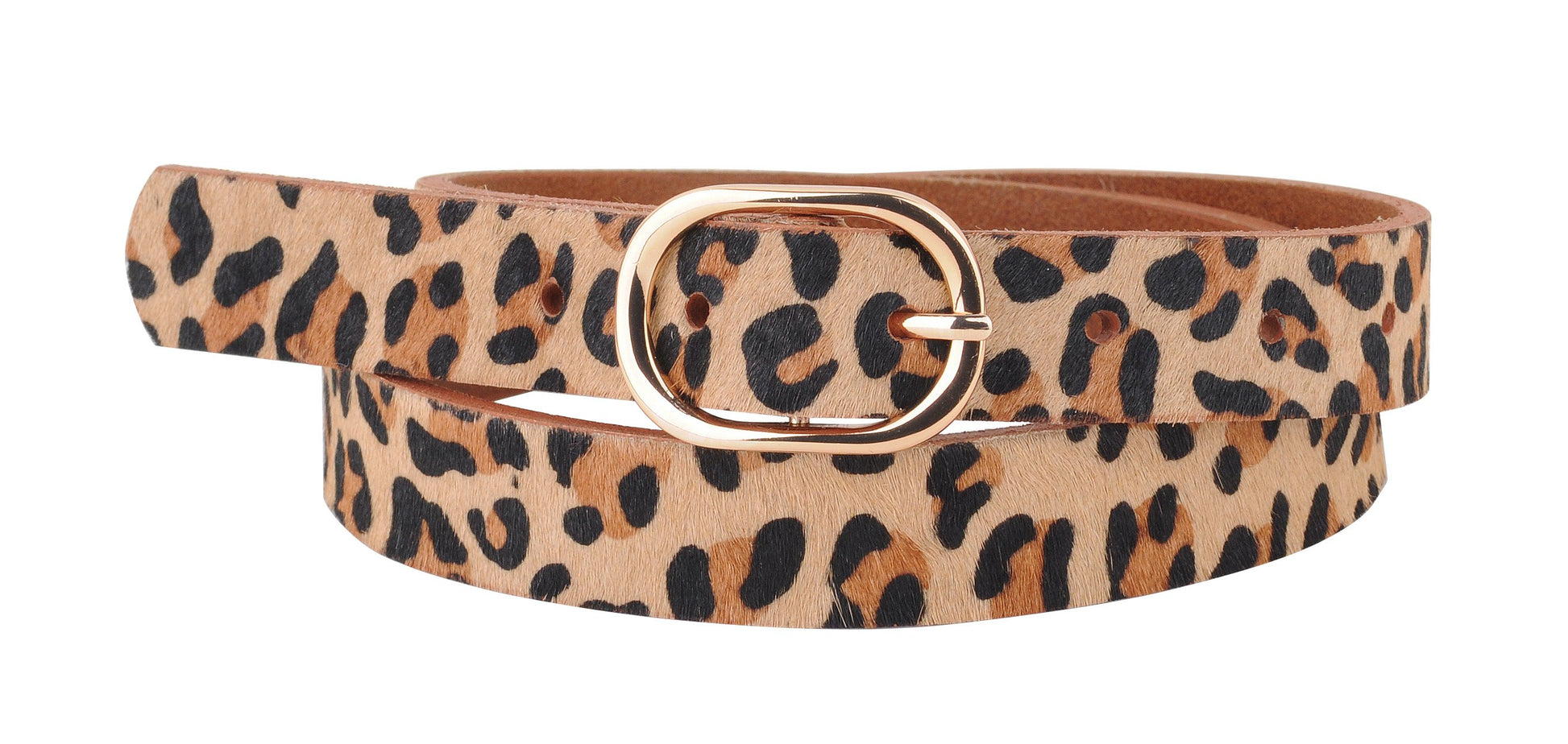 Thin leopard print calf hair leather belt with round gold buckle. Available in sizes XS–L.