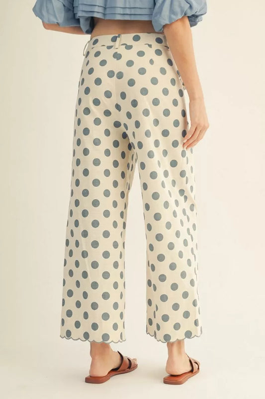 Denim Blue HW Wide Scallop Polka Dot Pants with large blue dots. Available in sizes XS–XL.