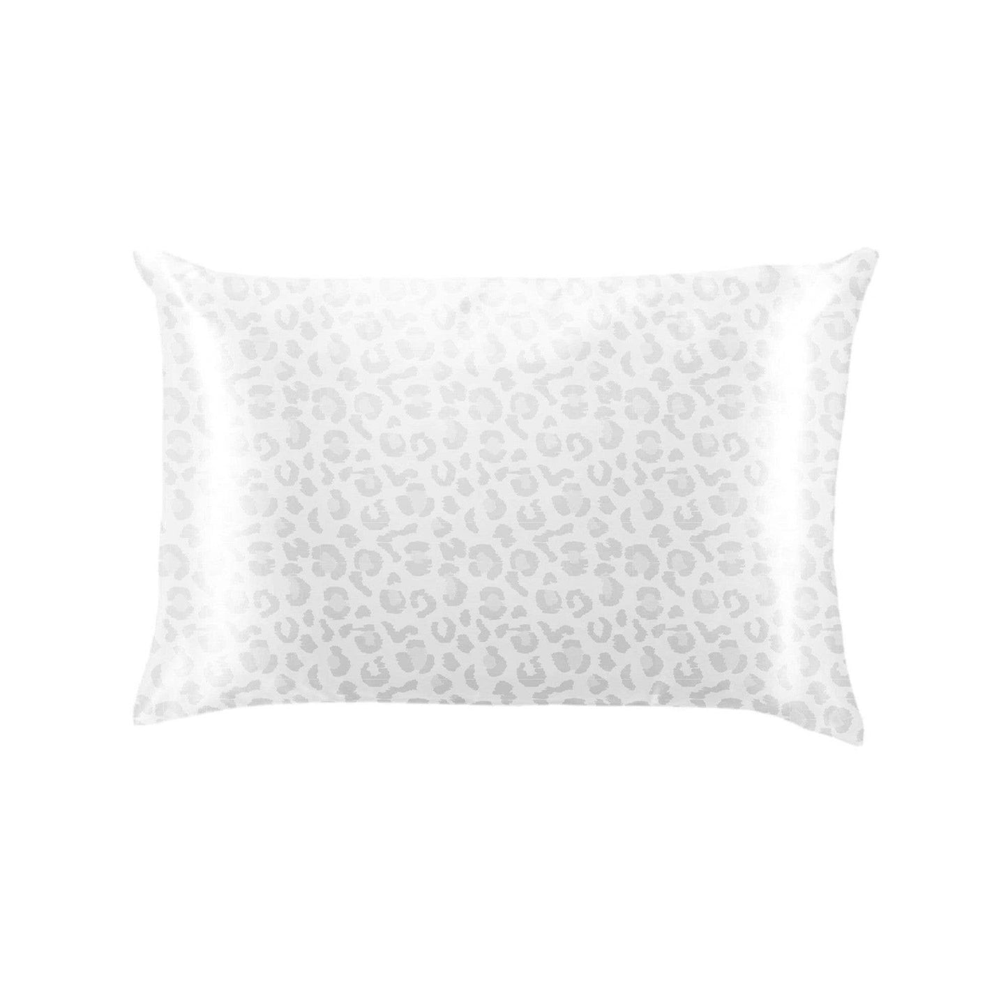 Rectangular white silky pillowcase with light gray leopard print. Available sizes: standard, king.