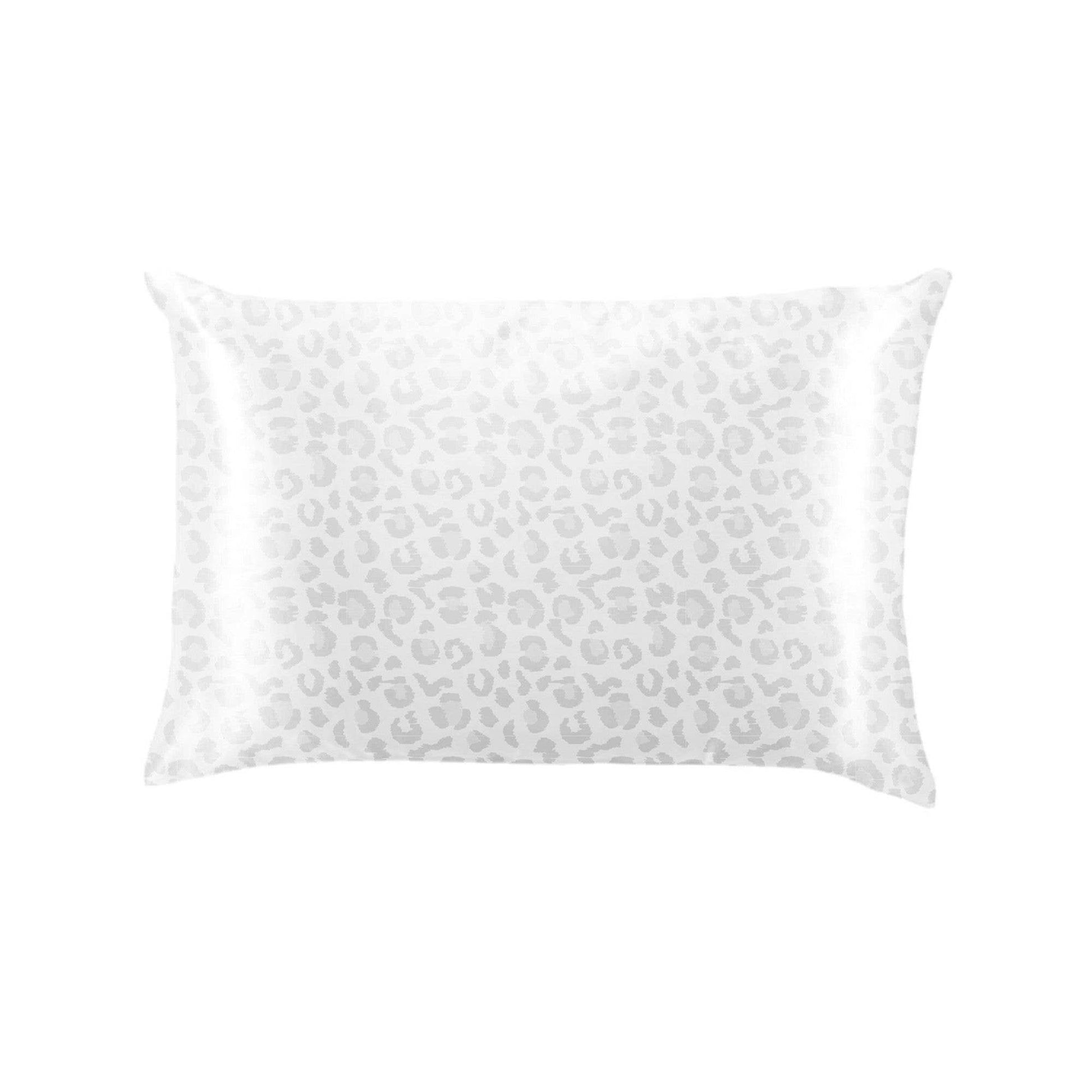 Rectangular white silky pillowcase with light gray leopard print. Available sizes: standard, king.