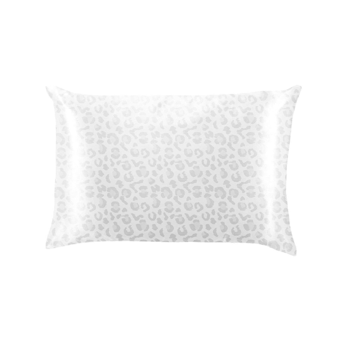 White rectangular pillowcase with light gray leopard print and a smooth, silky texture; available in standard and king sizes.