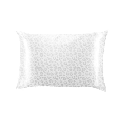 White rectangular pillowcase with light gray leopard print and a smooth, silky texture; available in standard and king sizes.