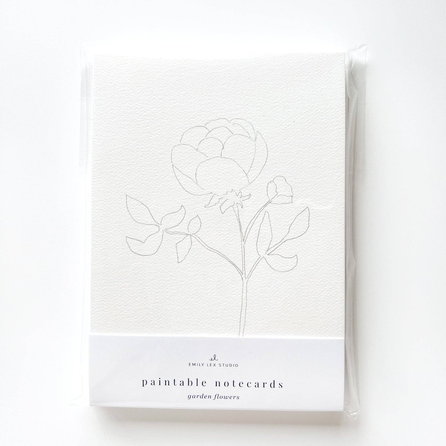 Set of 8 Garden Flowers Paintable Notecards by Emily Lex Studio, simple outlines, 4.25" x 5.5", in clear plastic with labeled band.