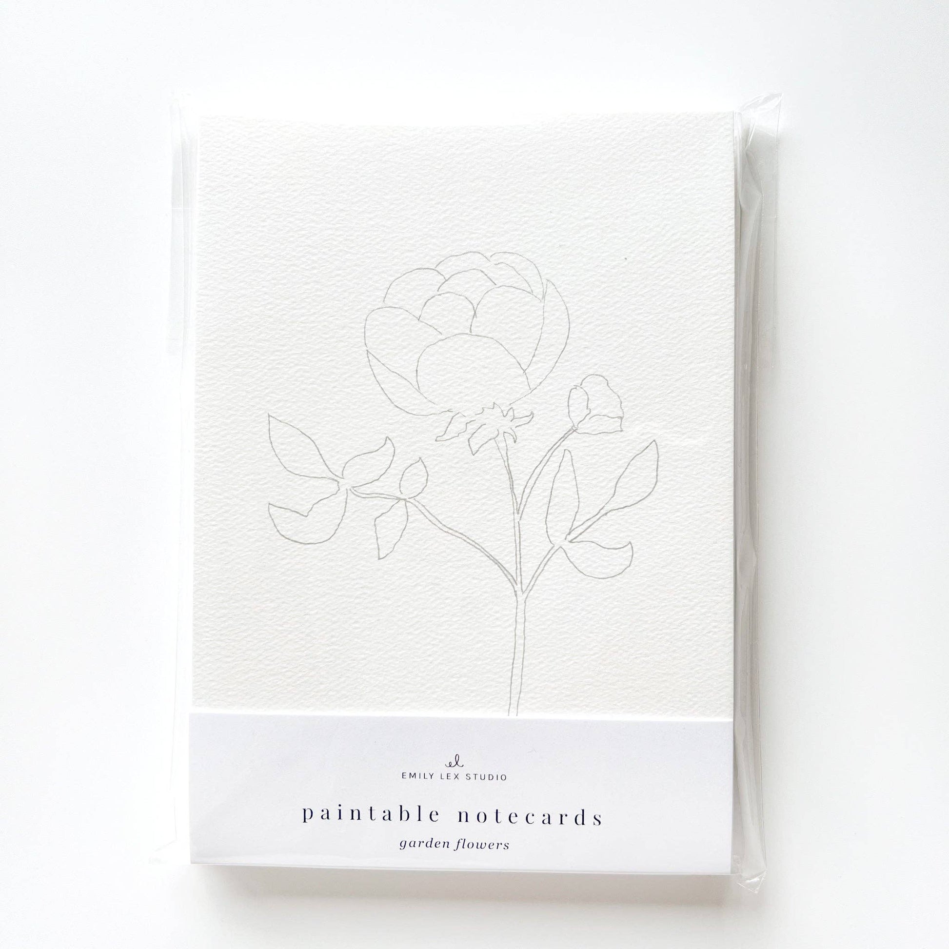 Set of 8 Garden Flowers Paintable Notecards by Emily Lex Studio, simple outlines, 4.25" x 5.5", in clear plastic with labeled band.