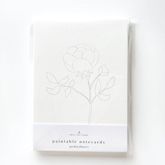 Set of 8 Garden Flowers Paintable Notecards by Emily Lex Studio, simple outlines, 4.25" x 5.5", in clear plastic with labeled band.
