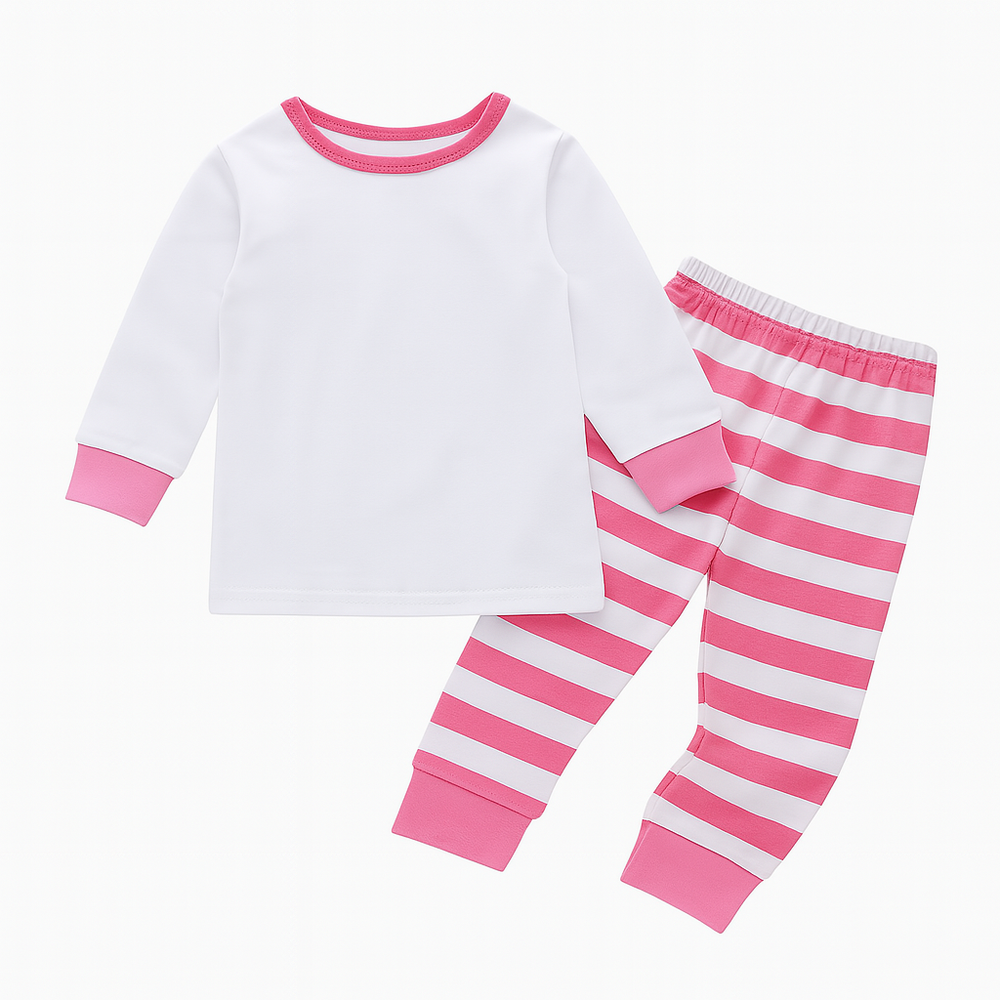 Pink Deer Toddler 2-Piece Festive Clothes Set, size 3-4T: white long-sleeve top with pink cuffs and collar, matching pink and white striped pants with pink cuffs and waistband. Soft, machine-washable fabric.