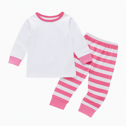 Pink Deer Toddler 2-Piece Festive Clothes Set, size 3-4T: white long-sleeve top with pink cuffs and collar, matching pink and white striped pants with pink cuffs and waistband. Soft, machine-washable fabric.