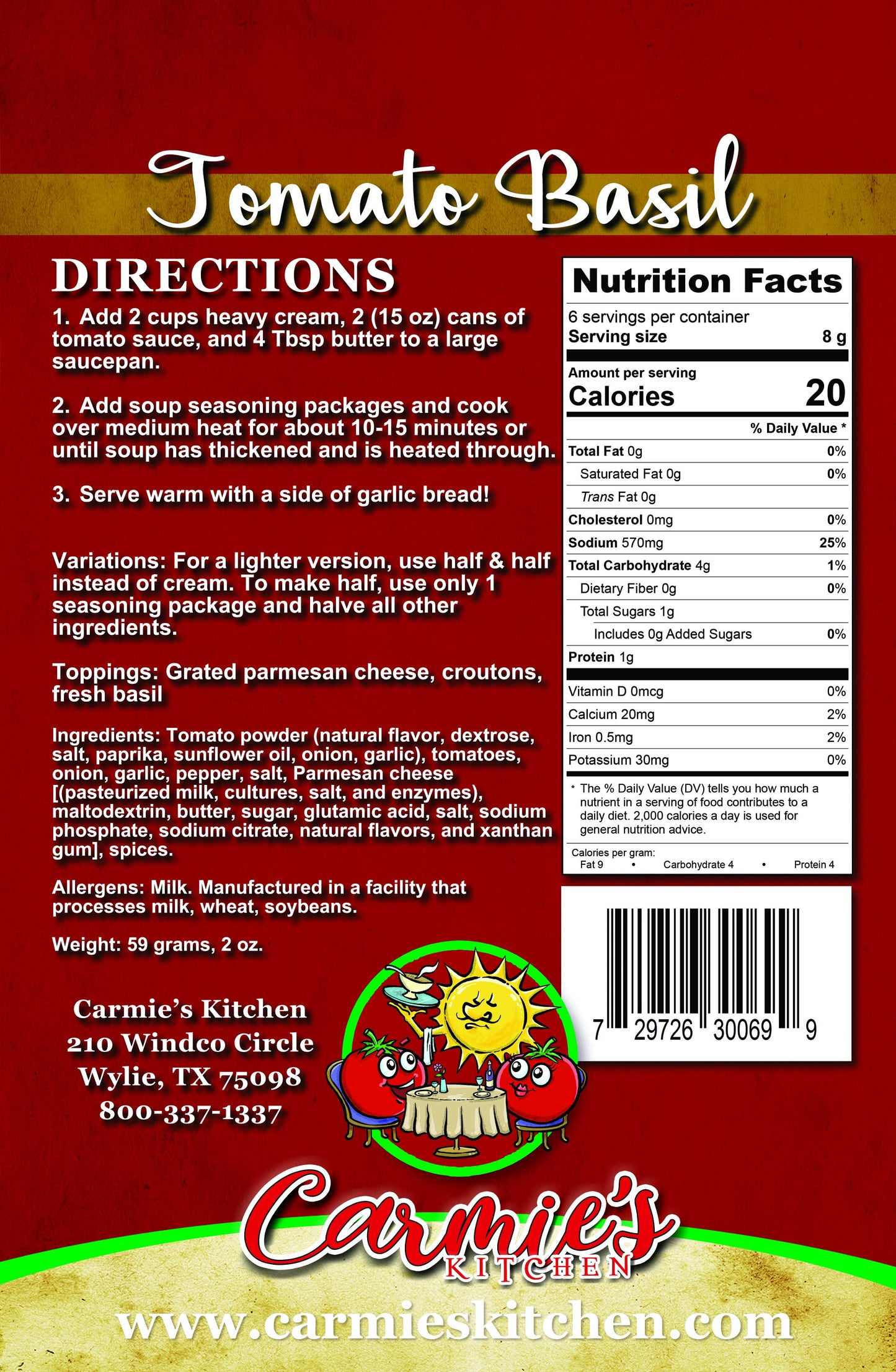 Tomato Basil Soup Mix with directions, nutrition facts, ingredients, serving suggestions. Sizes: not specified.