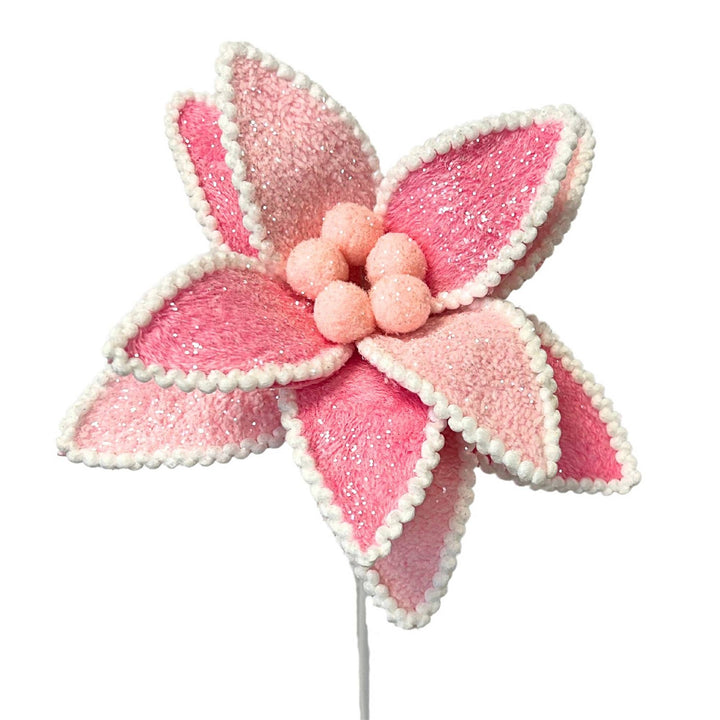 Passionate Pink Velvet Poinsettia Stem, 28”, with glittered petals, white pom-pom trim, and pink pom-poms.