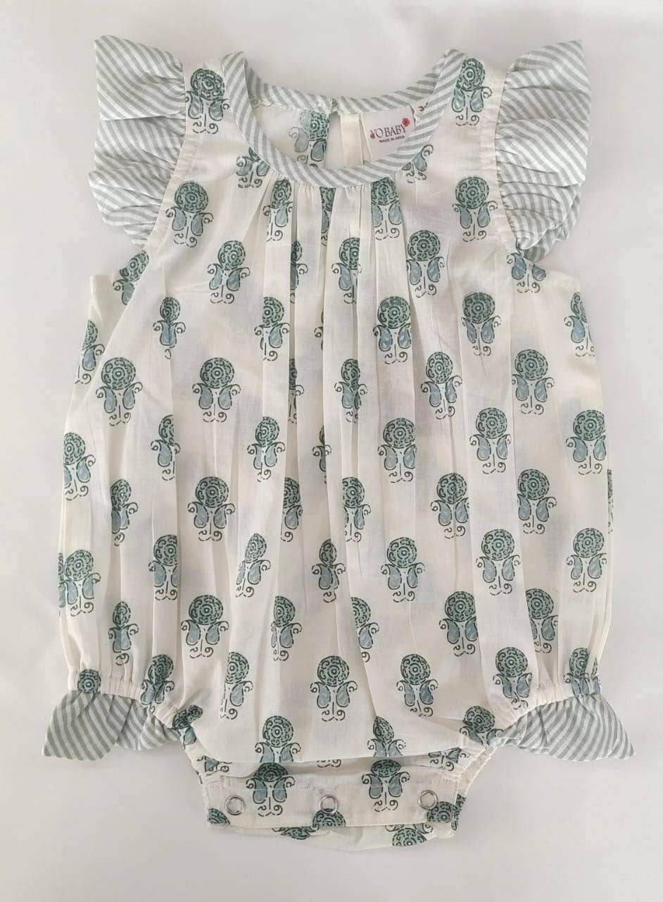 Soft cotton baby romper with green and white tree print, striped ruffle sleeves and leg openings. Available in NB-24M.