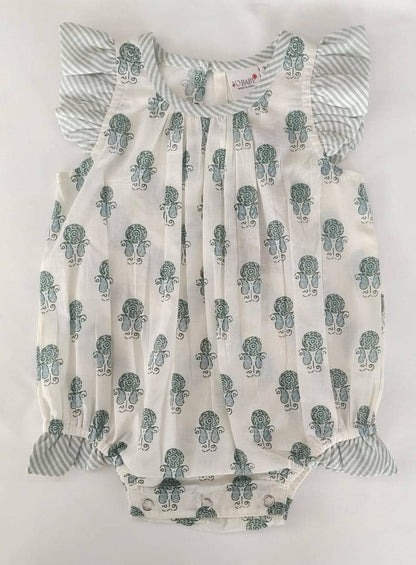 Soft cotton baby romper with green and white tree print, striped ruffle sleeves and leg openings. Available in NB-24M.