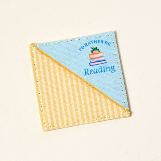 Quilted fabric bookmark with blue/yellow stripes, book stack, and "I'D RATHER BE Reading" on cream. Sizes: Small/Medium/Large.