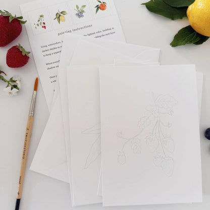 Fruit Paintable Watercolor Notecard Set includes paintbrush, fruit and floral sketched notecards, painting instructions; available in standard card size.